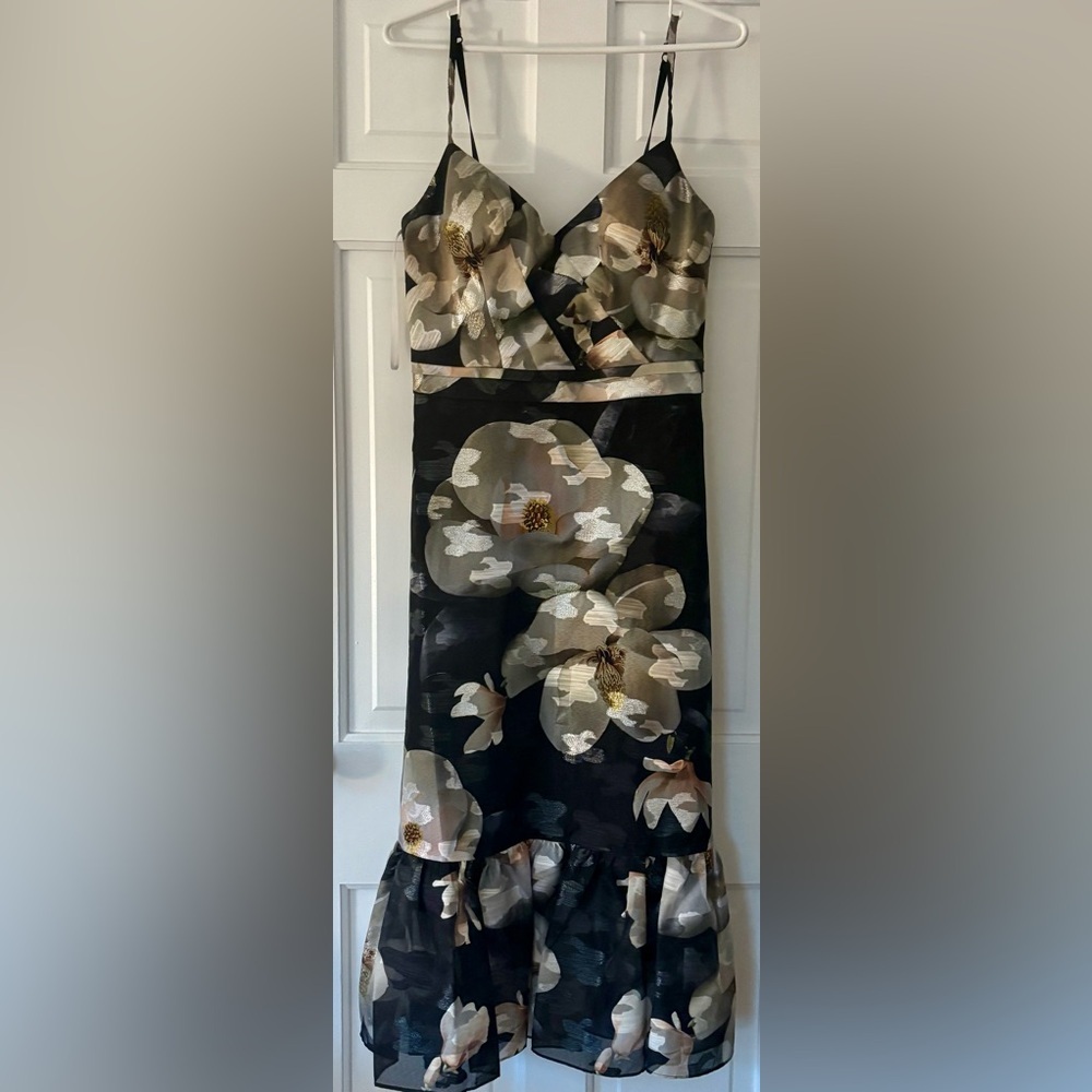 NWT Marchesa Notte Black Floral Cocktail Dress 4 Wedding Guest Midi - Picture 2 of 6